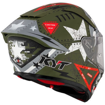 Rear Right Quarter View of KYT R2R Assault Matte Army Green Motorcycle Helmet