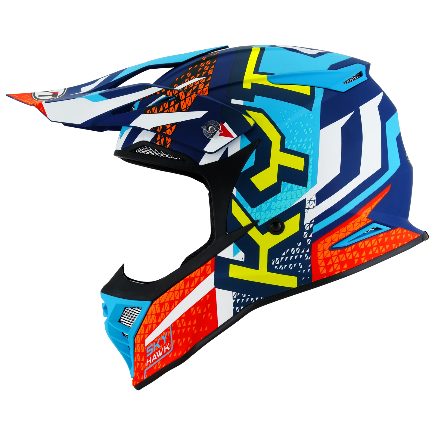 Left Side view of KYT Skyhawk Hyperflow Matte Blue Red Motorcycle helmet